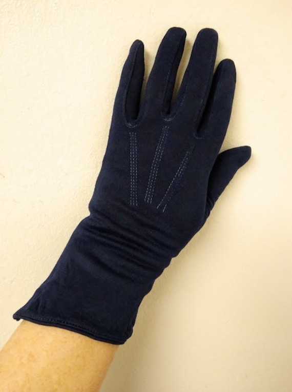 Vintage 1950s Dark Blue Wrist Evening Gloves Form… - image 1