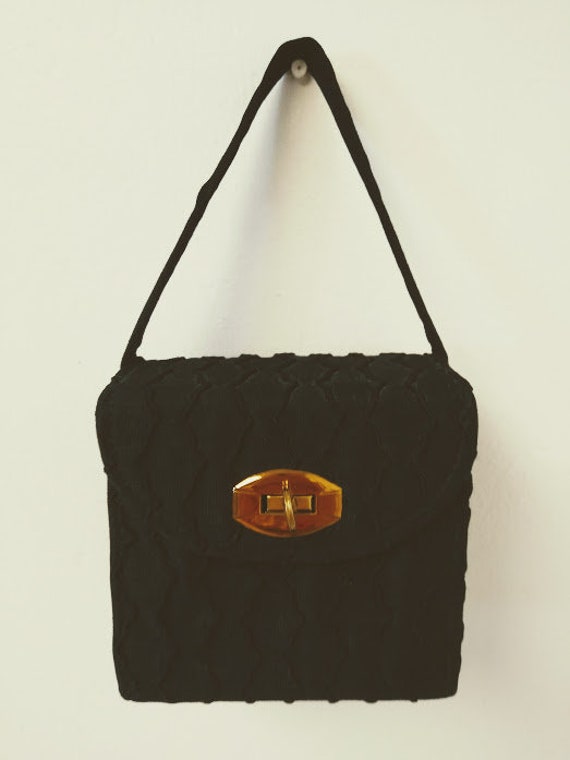 Vintage 1940s Black Silk Velvet Box Evening Bag P… - image 6