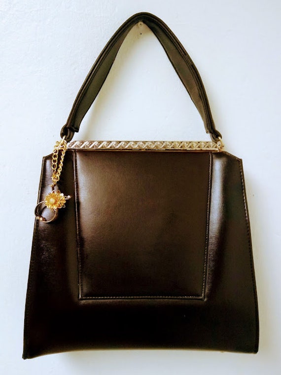 Vintage 1960s 60s Dark Brown Handbag Purse Large … - image 1