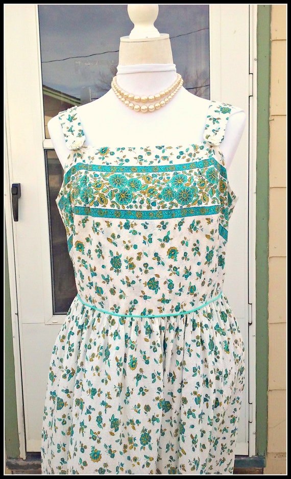 Vintage 1940s 1950s Blue Green Sleeveless Dress S… - image 1