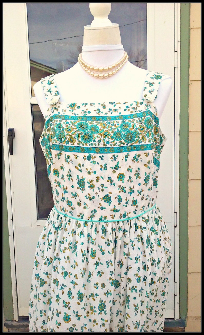 Vintage 1940s 1950s Blue Green Sleeveless Dress Sundress Floral Cotton Large L image 1