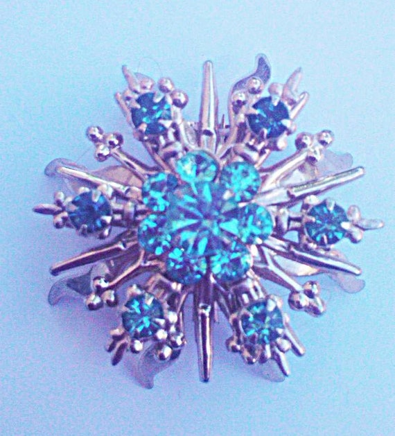 Vintage Atomic Star Brooch Pin Blue Rhinestones Si