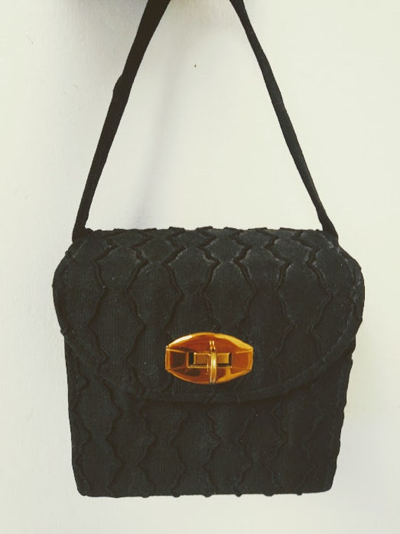 Vintage 1940s Black Silk Velvet Box Evening Bag P… - image 7