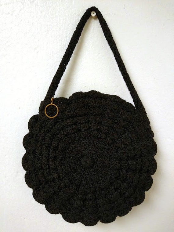 Vintage 1930s 1940s Black Round Crochet Purse Bag… - image 10