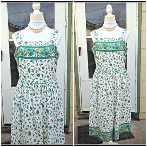 Vintage 1940s 1950s Blue Green Sleeveless Dress Sundress Floral Cotton Large L image 2