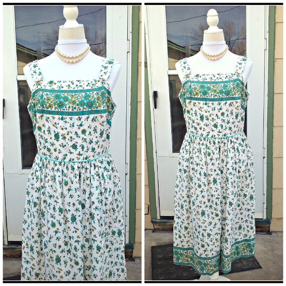 Vintage 1940s 1950s Blue Green Sleeveless Dress Su