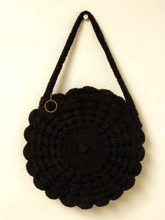 Vintage 1930s 1940s Black Round Crochet Purse Bag… - image 5