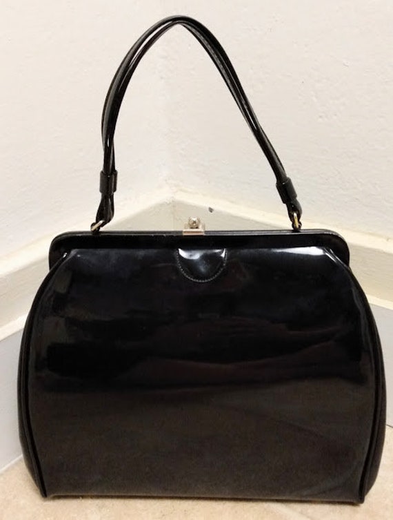 Vintage 1950s 1960s Black Patent Leather Handbag … - image 8