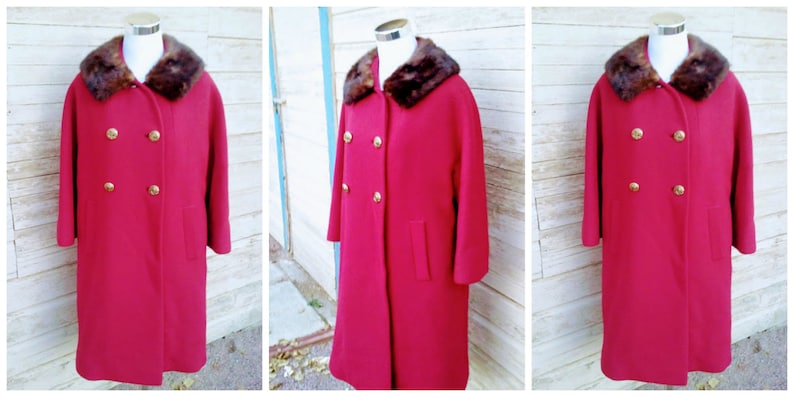 Vintage 1960s 60s Wine Red Swing CoatCar Coat OvercoatMink Collar Neustetters Small to Medium S M