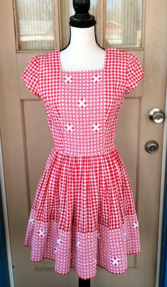 Vintage 1950s 50s Red White Dress Gingham Cotton … - image 3