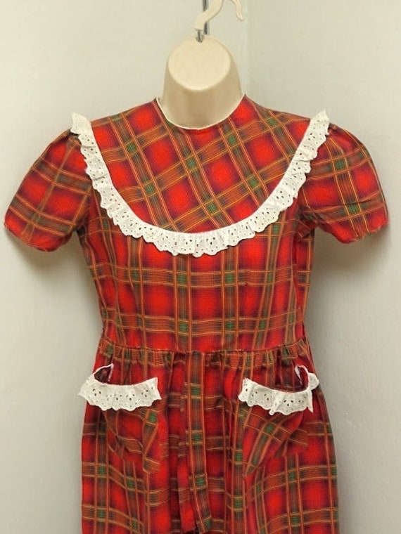 1930s 1940s Red Plaid Print Dress Frock Small Med… - image 1