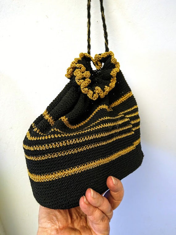 Vintage 1940s 1950s Crochet Drawstring Bag Purse … - image 1