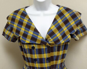 Vintage 1950s 50s Blue Yellow Plaid Print Dress Cotton Full Skirt VLV Small S