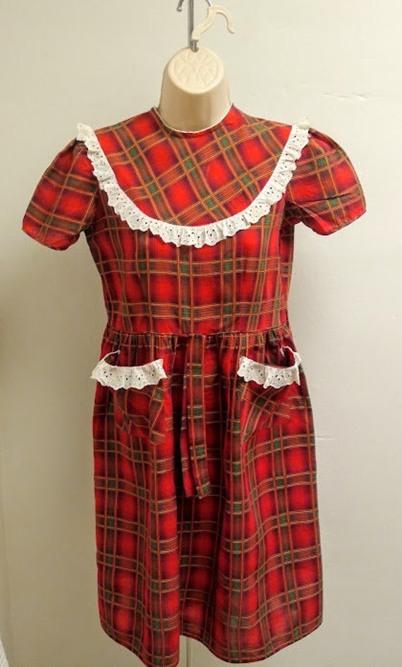 1930s 1940s Red Plaid Print Dress Frock Small Med… - image 10