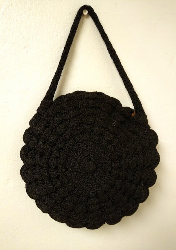 Vintage 1930s 1940s Black Round Crochet Purse Bag… - image 8