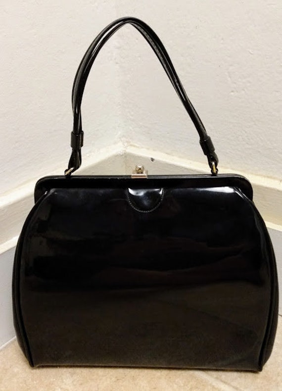 Vintage 1950s 1960s Black Patent Leather Handbag … - image 2
