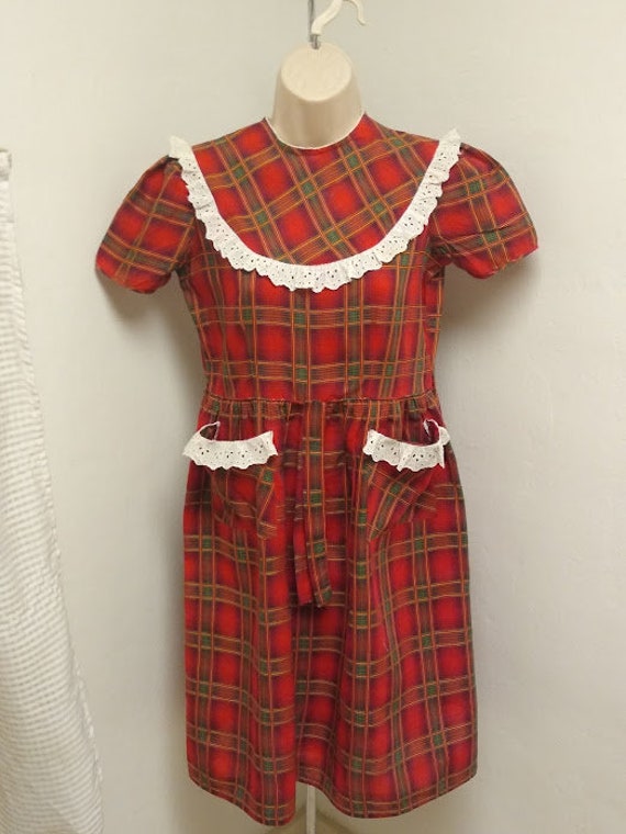 1930s 1940s Red Plaid Print Dress Frock Small Med… - image 9