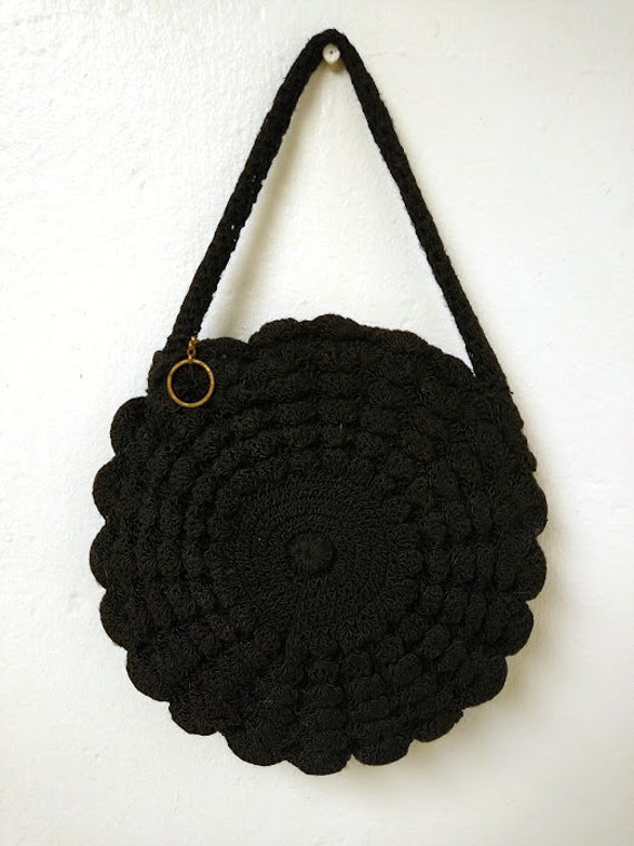 Vintage 1930s 1940s Black Round Crochet Purse Bag… - image 9