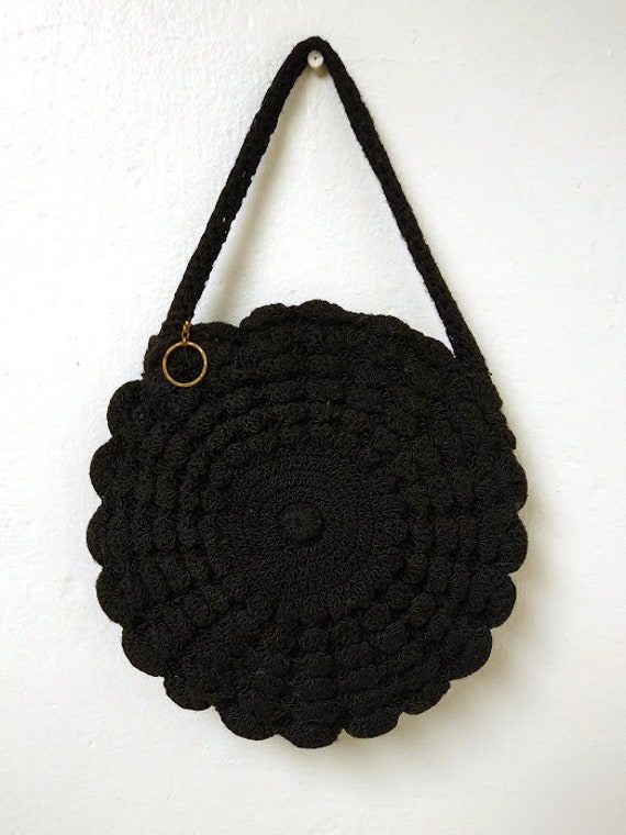 Vintage 1930s 1940s Black Round Crochet Purse Bag… - image 2