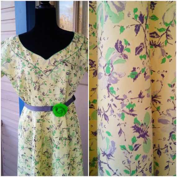 Vintage 1930s 30s Yellow Floral Cotton Print Dress