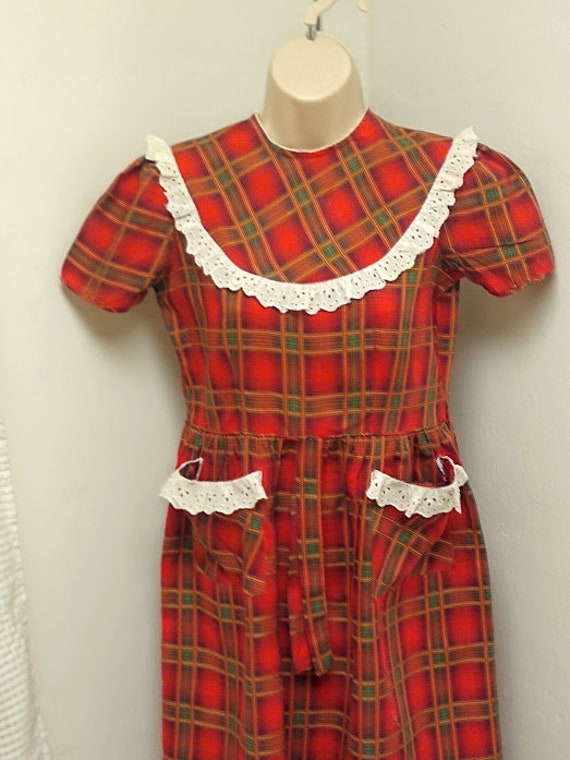 1930s 1940s Red Plaid Print Dress Frock Small Med… - image 5