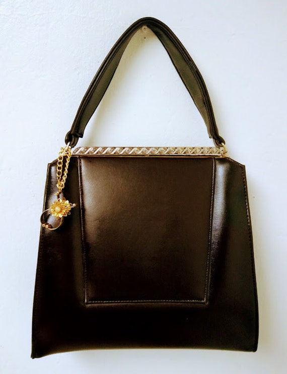 Vintage 1960s 60s Dark Brown Handbag Purse Large … - image 6