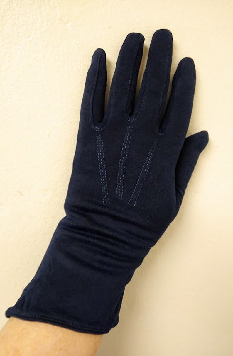 Vintage 1950s Dark Blue Wrist Evening Gloves Formal XS /Small Dyed Restored image 8