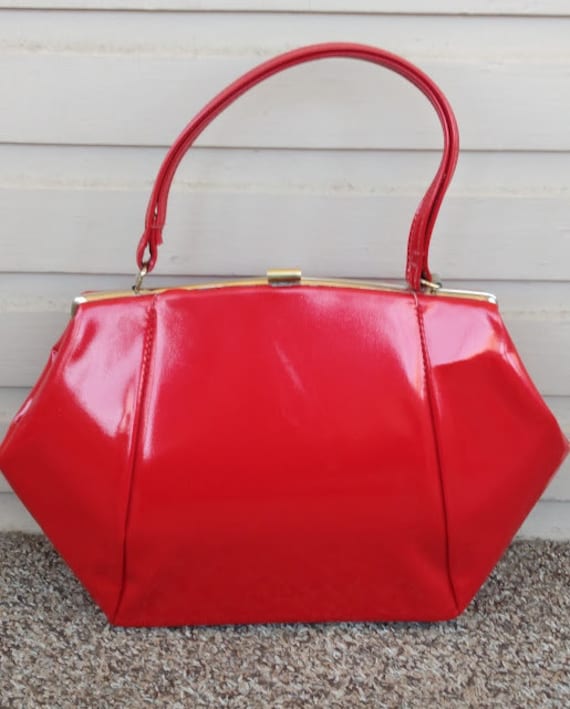 Vintage 1950s 1960s Red Patent Leather Handbag Po… - image 1