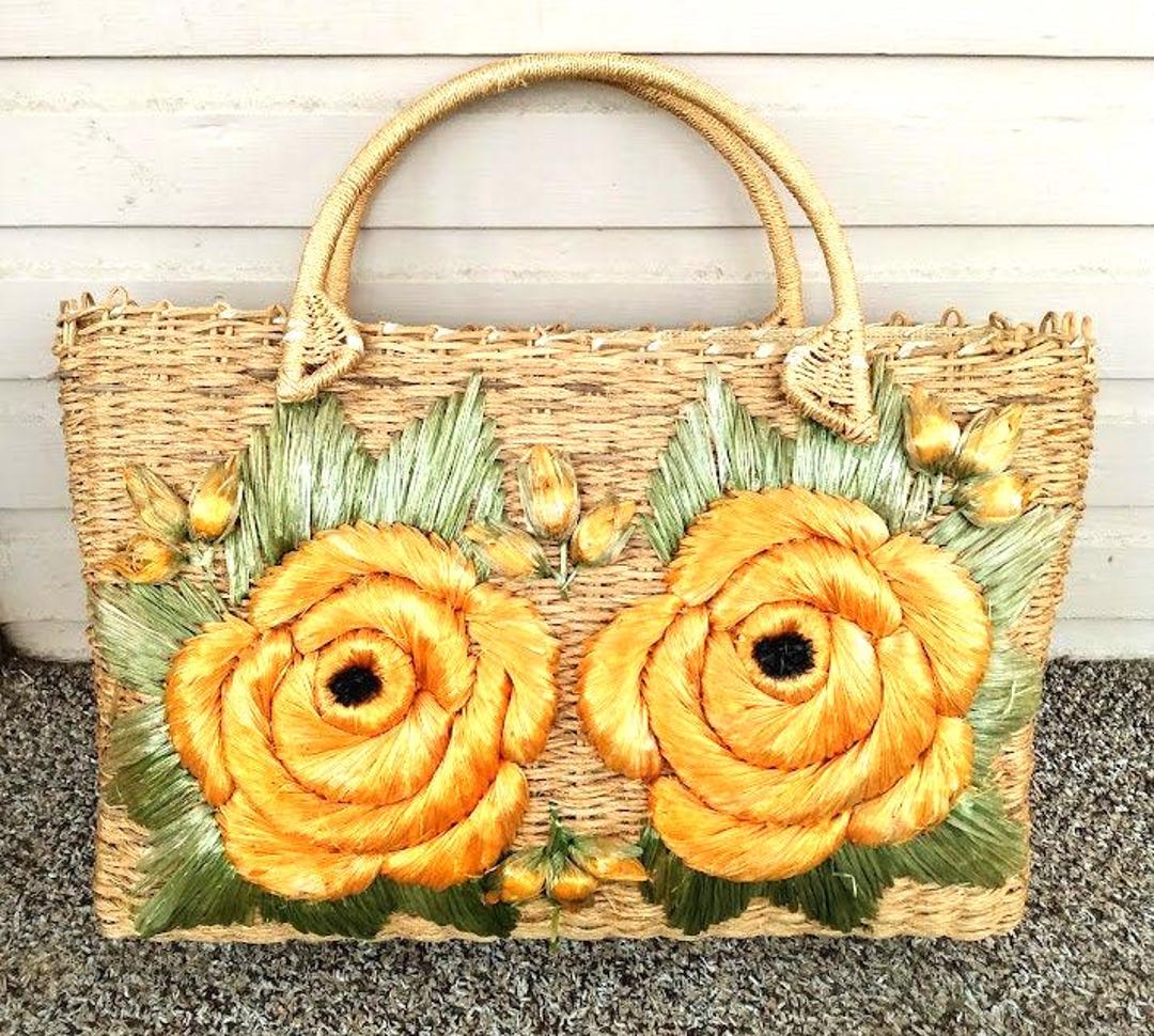 Vintage 1960s 60s Straw and Raffia Flower Market Beach Tote