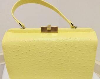 Vintage 1960s 60s Yellow Leather Ostrich Stamped Leather Handbag Pocketbook Handpainted Restored