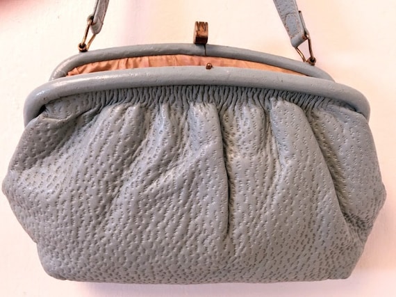 Vintage 1950s Pale Blue Gray Textured Leather Han… - image 10