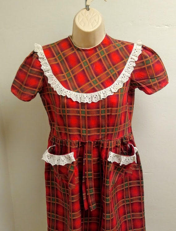 1930s 1940s Red Plaid Print Dress Frock Small Med… - image 7