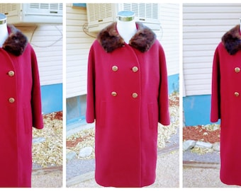 Vintage 1960s 60s Wine Red /Swing Coat/Car Coat/ Overcoat/Mink Collar/ Neustetters Small to Medium S M