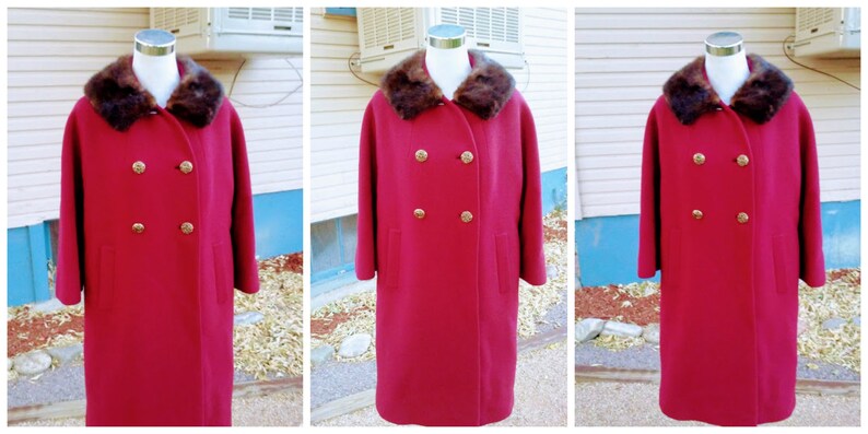 Vintage 1960s 60s Wine Red Swing CoatCar Coat OvercoatMink Collar Neustetters Small to Medium S M