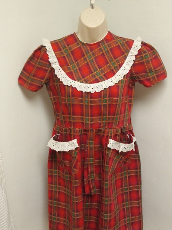 1930s 1940s Red Plaid Print Dress Frock Small Med… - image 2
