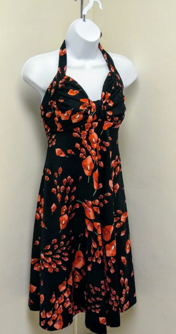 Vintage 1970s Halter Dress /Lily Print/ Polyester… - image 3