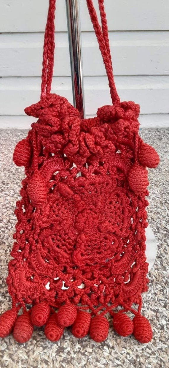 Vintage 1900s Large Red Crochet Cotton Cord Drawst