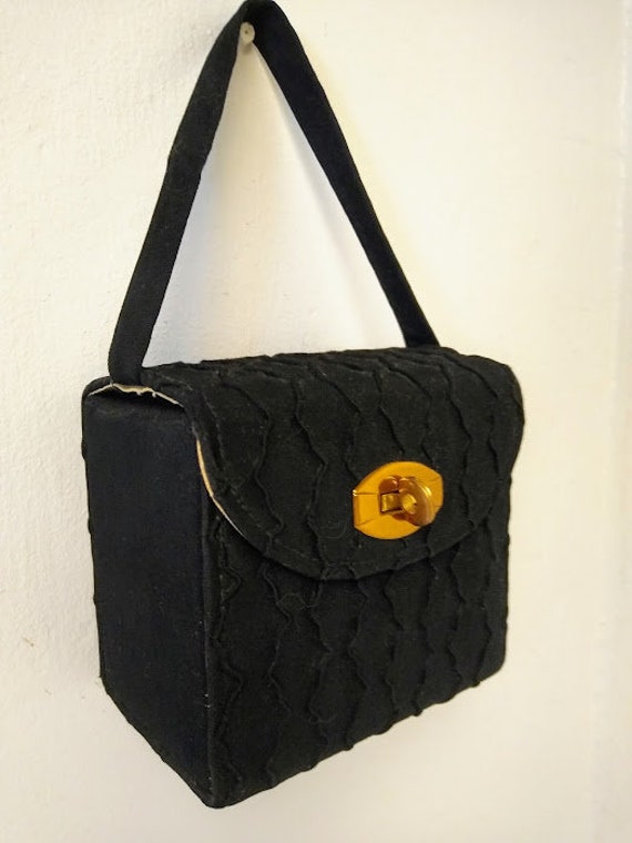 Vintage 1940s Black Silk Velvet Box Evening Bag P… - image 2