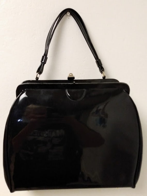 Vintage 1950s 1960s Black Patent Leather Handbag … - image 7