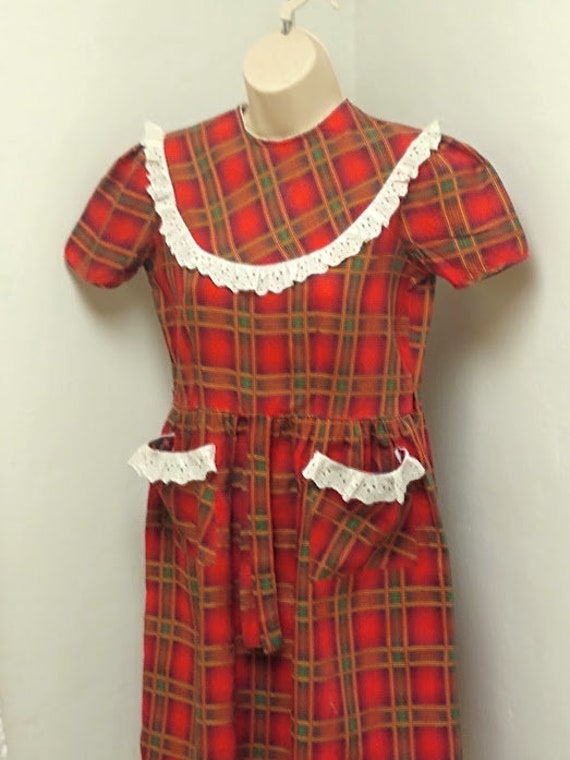 1930s 1940s Red Plaid Print Dress Frock Small Med… - image 6
