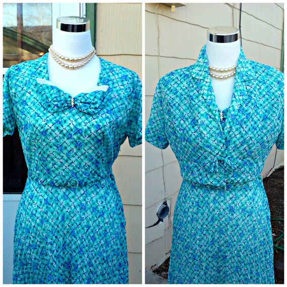 SALE 1950s 50s Dress Jacket Suit Aqua Plaid Print