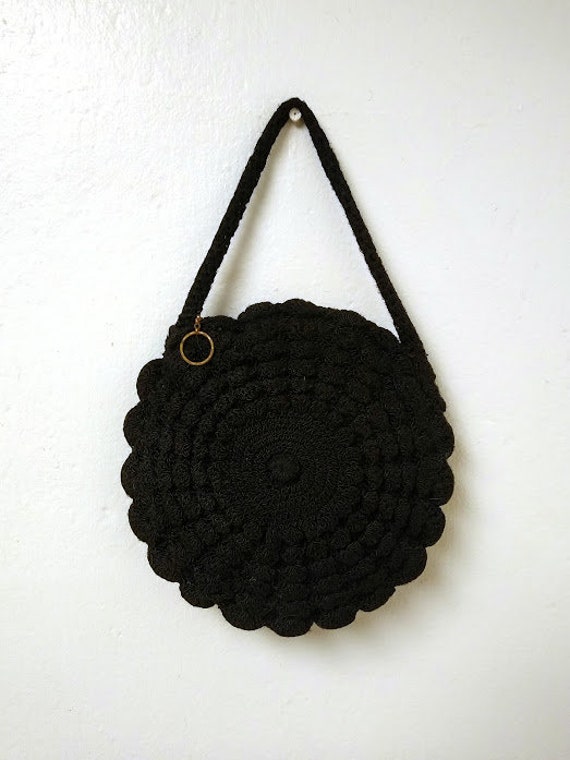 Vintage 1930s 1940s Black Round Crochet Purse Bag… - image 6