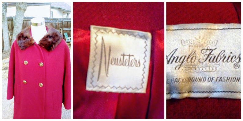 Vintage 1960s 60s Wine Red Swing CoatCar Coat OvercoatMink Collar Neustetters Small to Medium S M