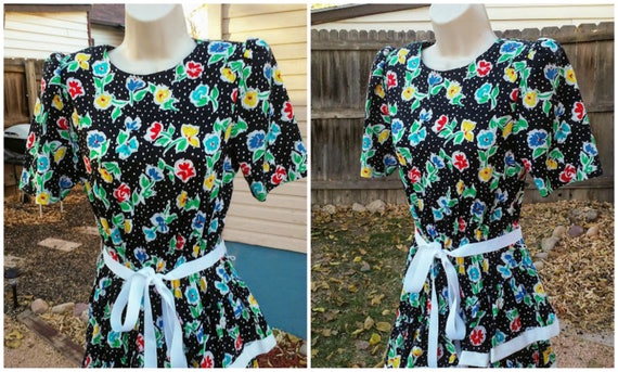 Vintage 1980s 80s Black Dress Floral Polka Dots A… - image 3