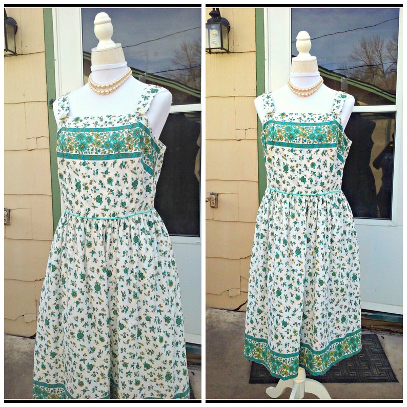 Vintage 1940s 1950s Blue Green Sleeveless Dress Sundress Floral Cotton Large L image 5