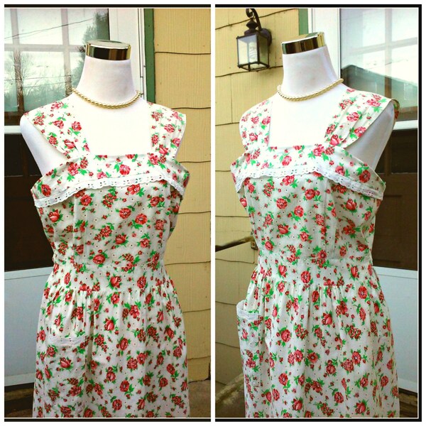 Vintage 1930s 30s White Floral Print Sundress House Dress Roses Poppies Medium Large