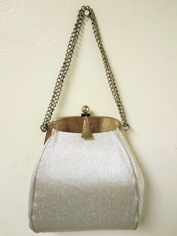 Vintage 60s Silver Bag Leather & Beaded Cocktail Purse