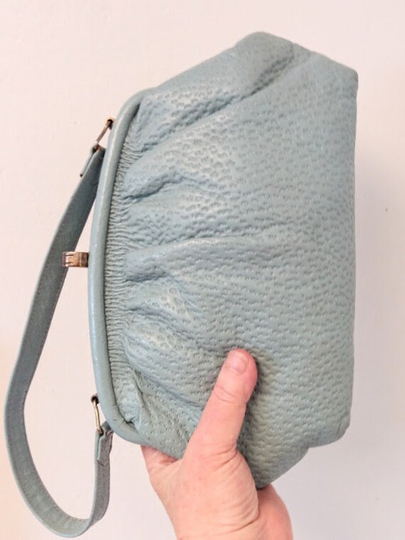 Vintage 1950s Pale Blue Gray Textured Leather Han… - image 6