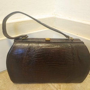 Vintage 1960s 60s Brown Faux Lizard Reptile Genuine Leather Purse Handbag Small Mini Kelly Bag MCM