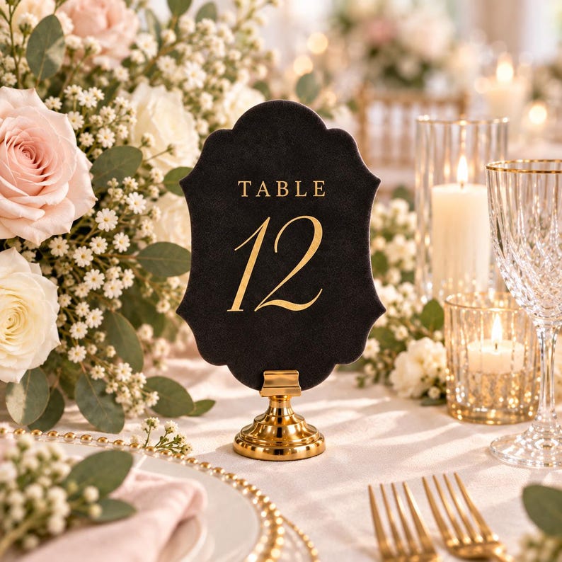 May include: A black, scalloped-edge table number sign featuring the gold text "TABLE 12" in a serif font. The sign is held upright by a small, circular, polished gold metal stand, creating a formal display piece for event seating arrangements.